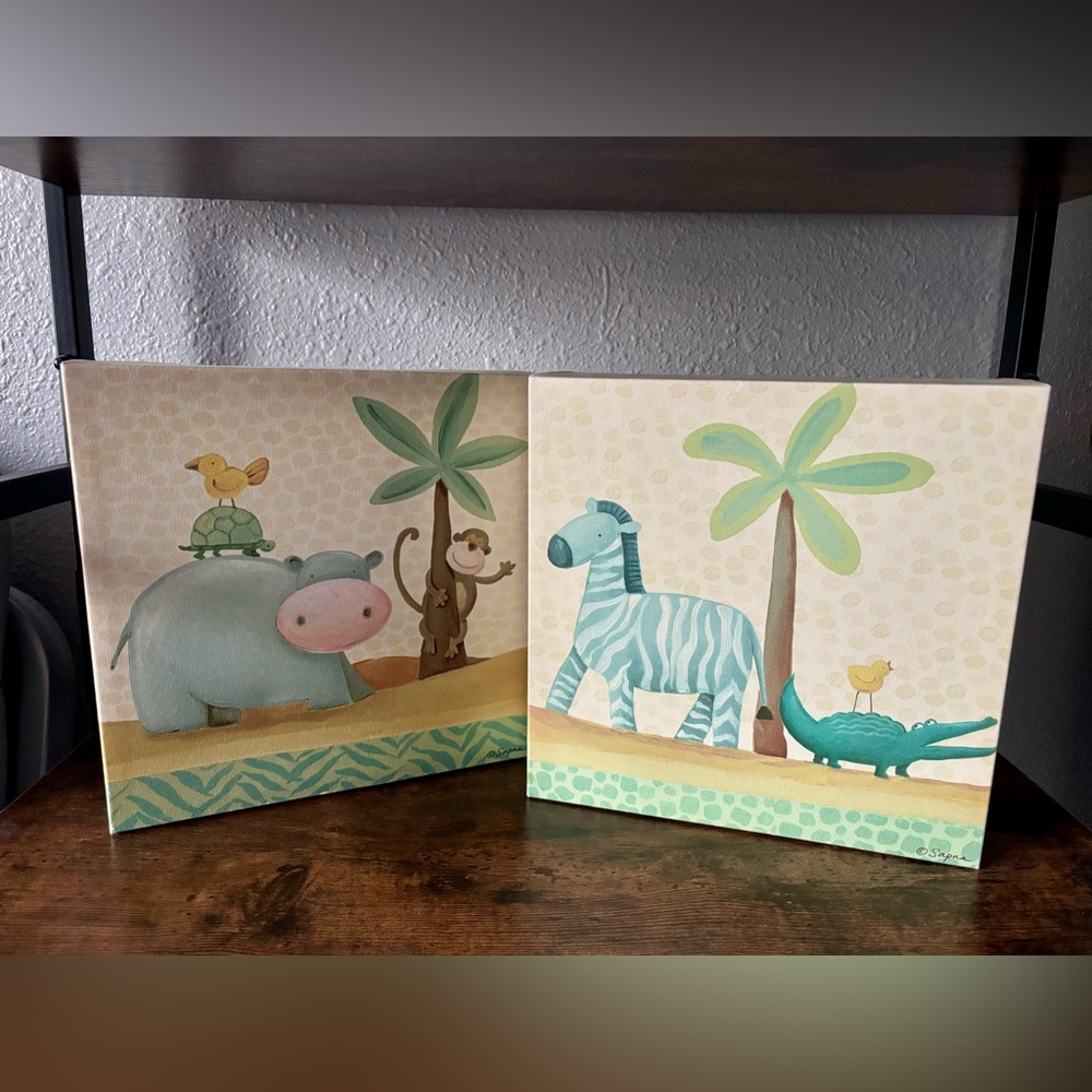 Nursery Animal Canvas Pair - Blue & Teal Jungle Prints by Sapna